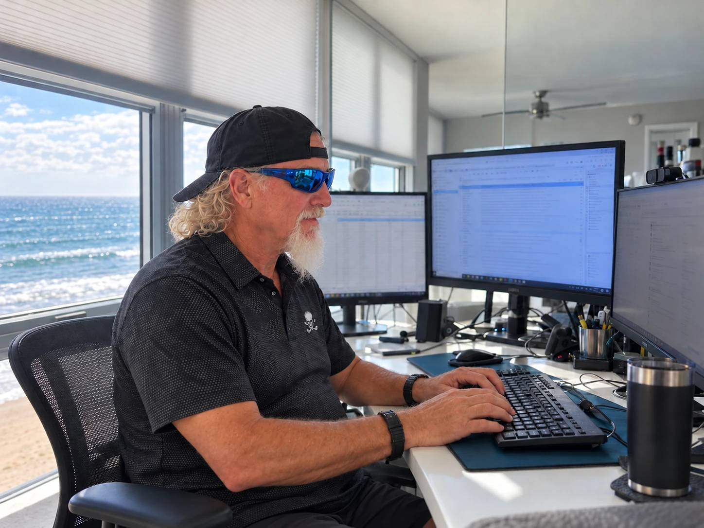 John working at his oceanfront desk