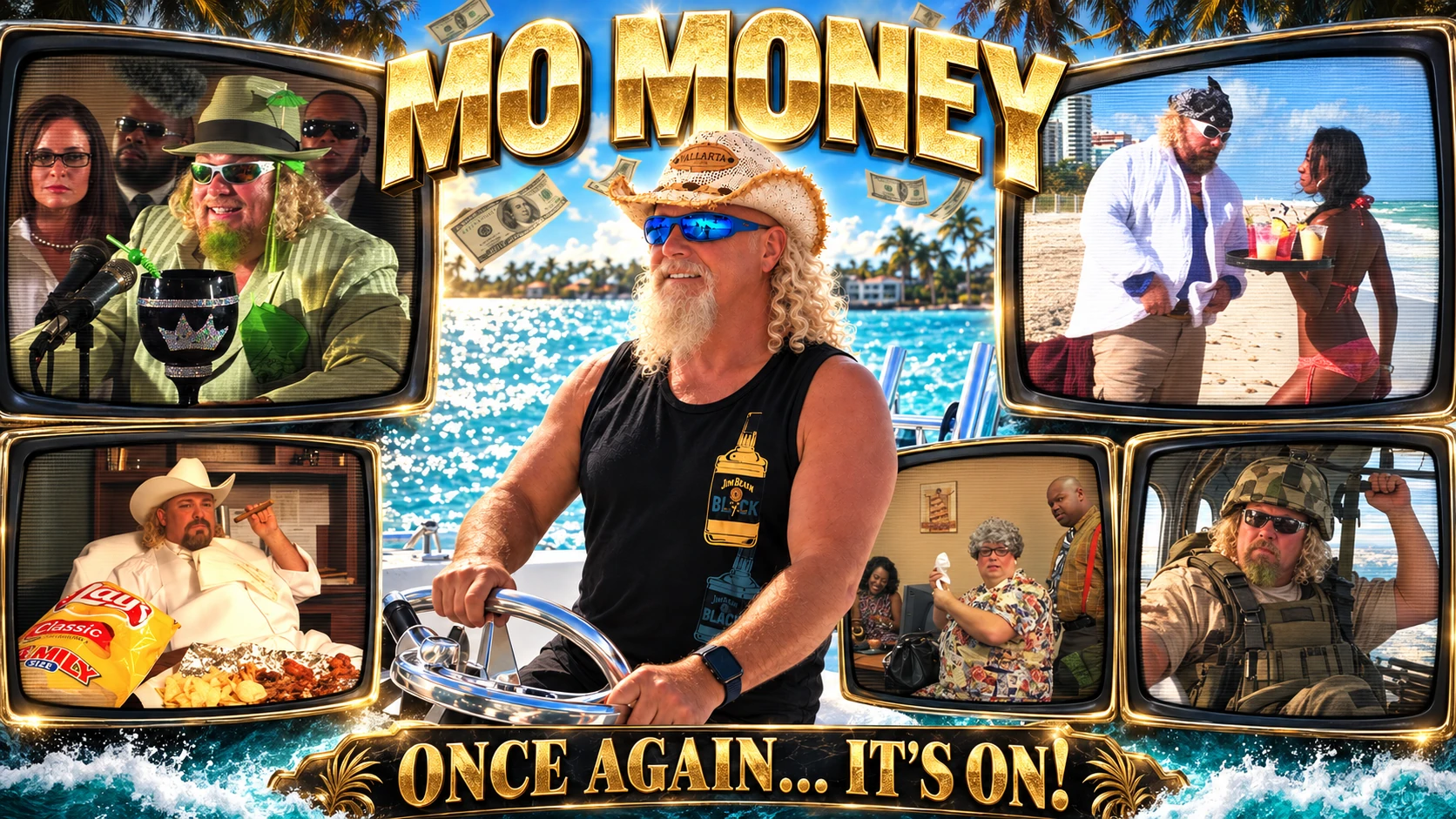 Johnny C at the boat helm surrounded by five of his Mo Money commercial characters, with Mo Money and Once Again… It’s On lettering
